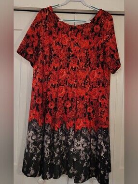 Julian Taylor Red Rose Fit & Flare Dress with Black Border Hem
